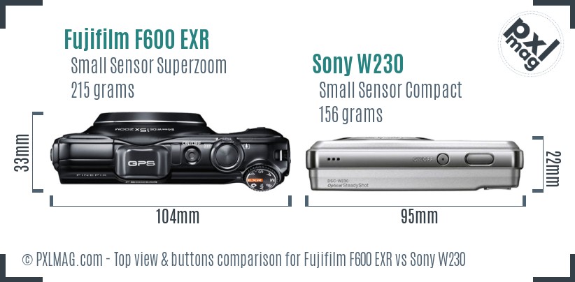 Fujifilm F600 EXR vs Sony W230 top view buttons comparison