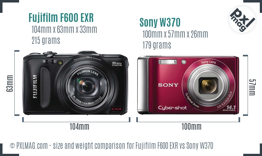 Fujifilm F600 EXR vs Sony W370 size comparison