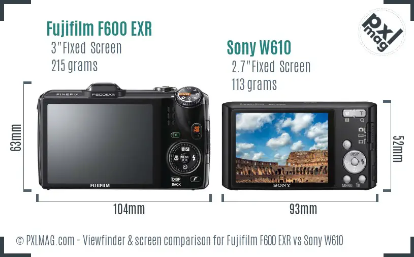 Fujifilm F600 EXR vs Sony W610 Screen and Viewfinder comparison