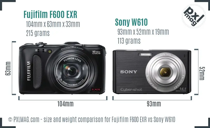 Fujifilm F600 EXR vs Sony W610 size comparison