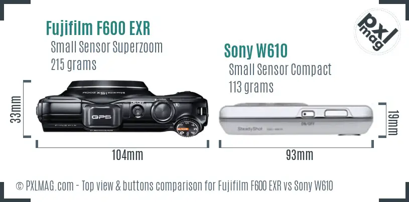Fujifilm F600 EXR vs Sony W610 top view buttons comparison