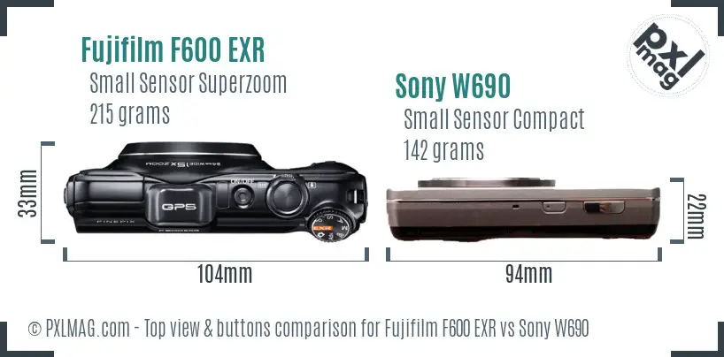 Fujifilm F600 EXR vs Sony W690 top view buttons comparison