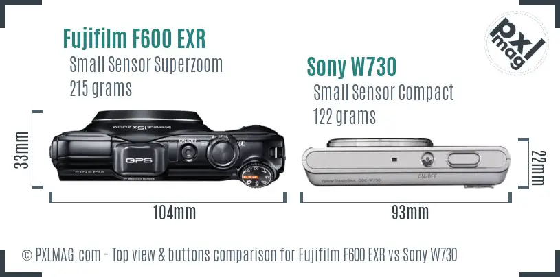 Fujifilm F600 EXR vs Sony W730 top view buttons comparison Fujifilm F600 EXR vs Sony W730 top view buttons comparison