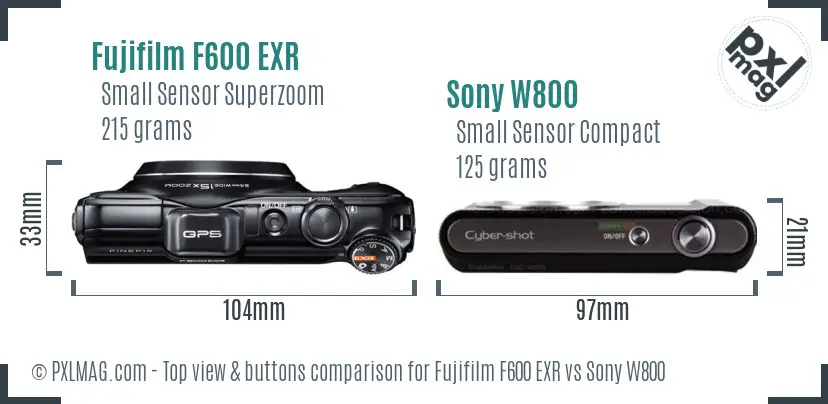 Fujifilm F600 EXR vs Sony W800 top view buttons comparison Fujifilm F600 EXR vs Sony W800 top view buttons comparison