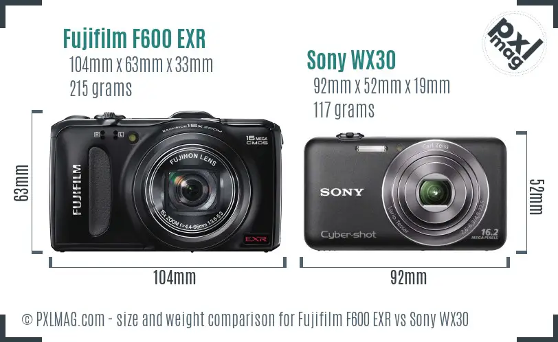 Fujifilm F600 EXR vs Sony WX30 size comparison