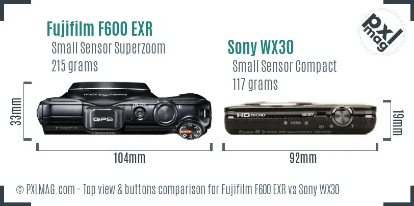 Fujifilm F600 EXR vs Sony WX30 top view buttons comparison
