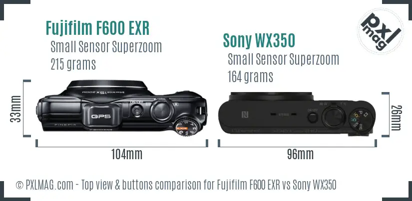 Fujifilm F600 EXR vs Sony WX350 top view buttons comparison