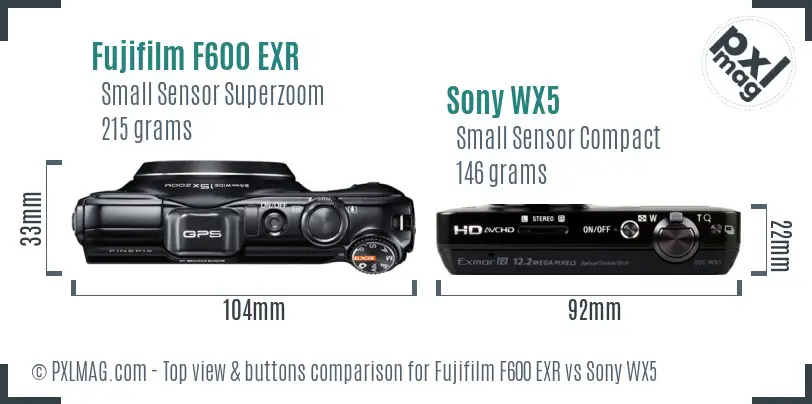 Fujifilm F600 EXR vs Sony WX5 top view buttons comparison
