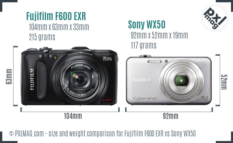 Fujifilm F600 EXR vs Sony WX50 size comparison