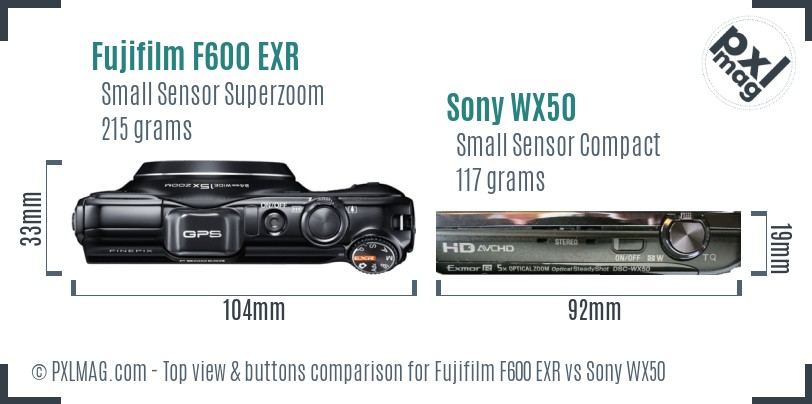 Fujifilm F600 EXR vs Sony WX50 top view buttons comparison