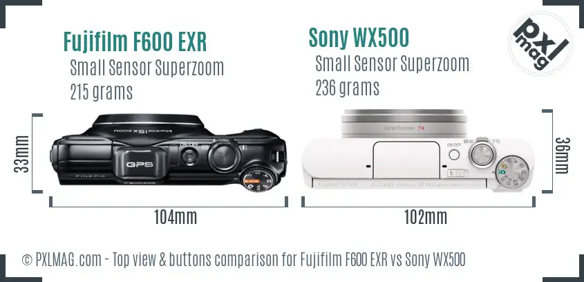 Fujifilm F600 EXR vs Sony WX500 top view buttons comparison Fujifilm F600 EXR vs Sony WX500 top view buttons comparison