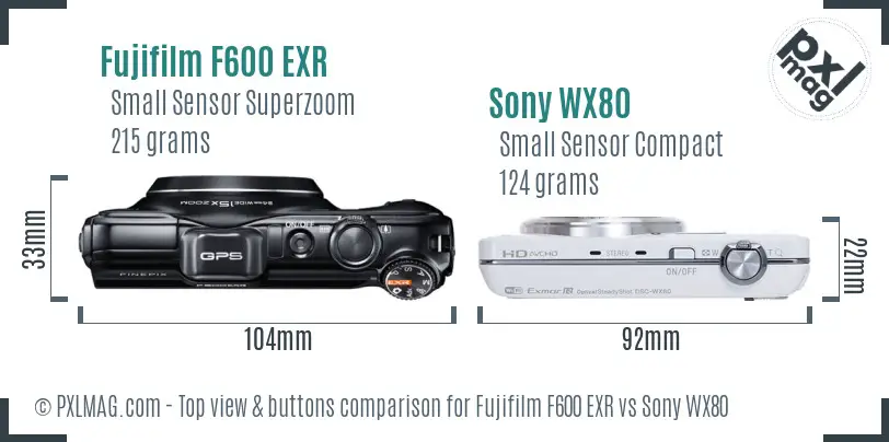 Fujifilm F600 EXR vs Sony WX80 top view buttons comparison