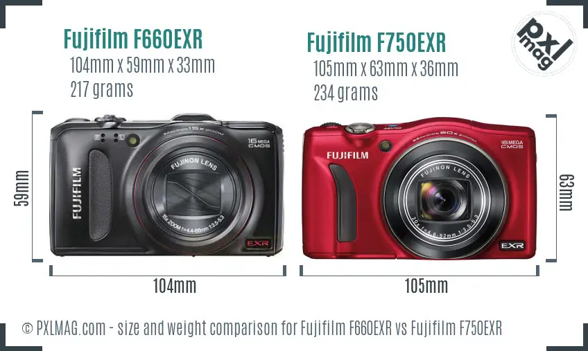 Fujifilm F660EXR vs Fujifilm F750EXR size comparison