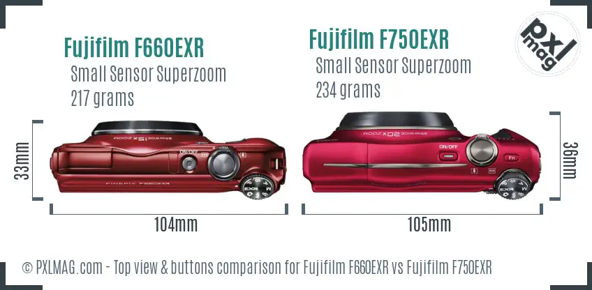 Fujifilm F660EXR vs Fujifilm F750EXR top view buttons comparison
