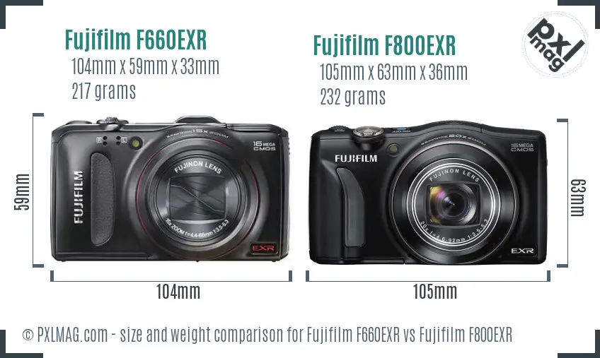 Fujifilm F660EXR vs Fujifilm F800EXR size comparison