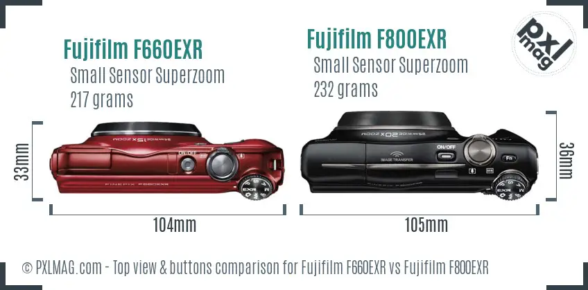 Fujifilm F660EXR vs Fujifilm F800EXR top view buttons comparison