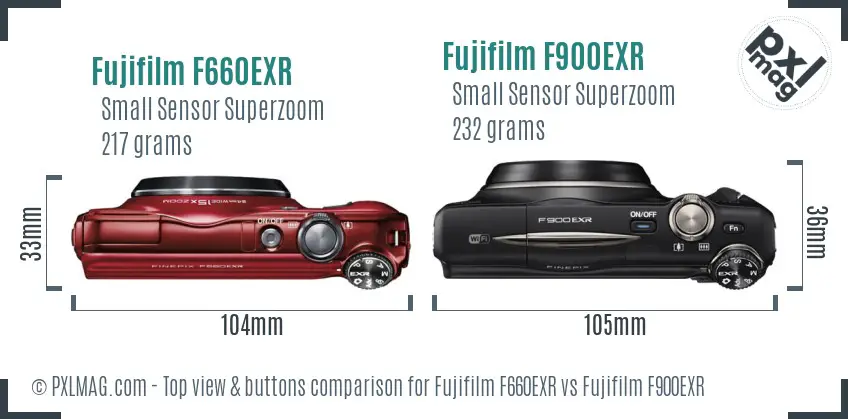 Fujifilm F660EXR vs Fujifilm F900EXR top view buttons comparison