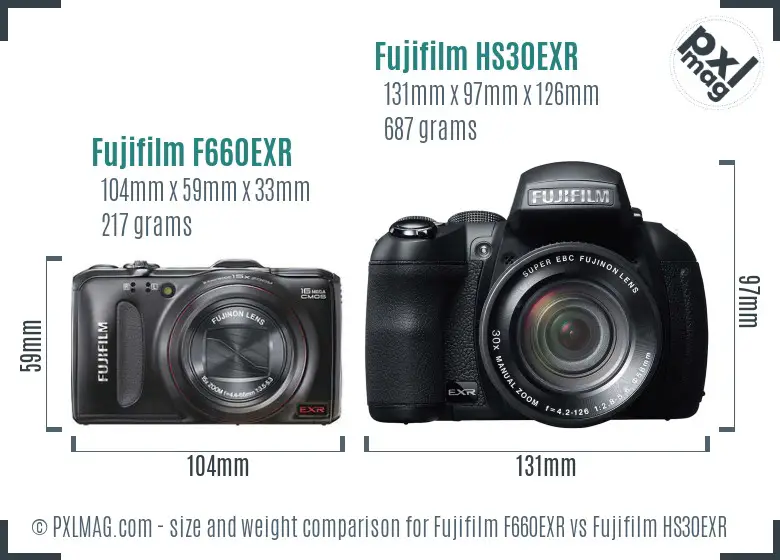 Fujifilm F660EXR vs Fujifilm HS30EXR size comparison