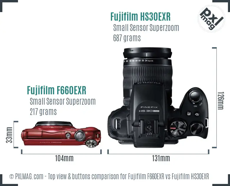 Fujifilm F660EXR vs Fujifilm HS30EXR top view buttons comparison
