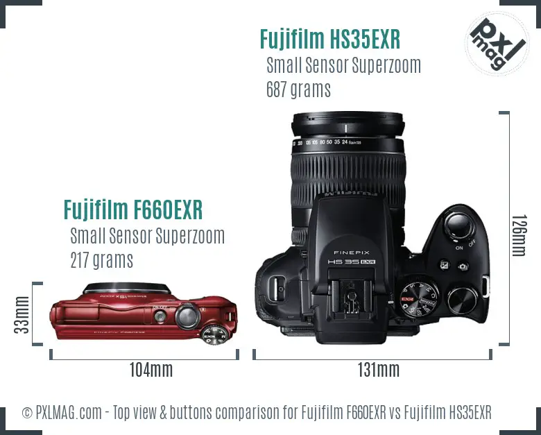 Fujifilm F660EXR vs Fujifilm HS35EXR top view buttons comparison