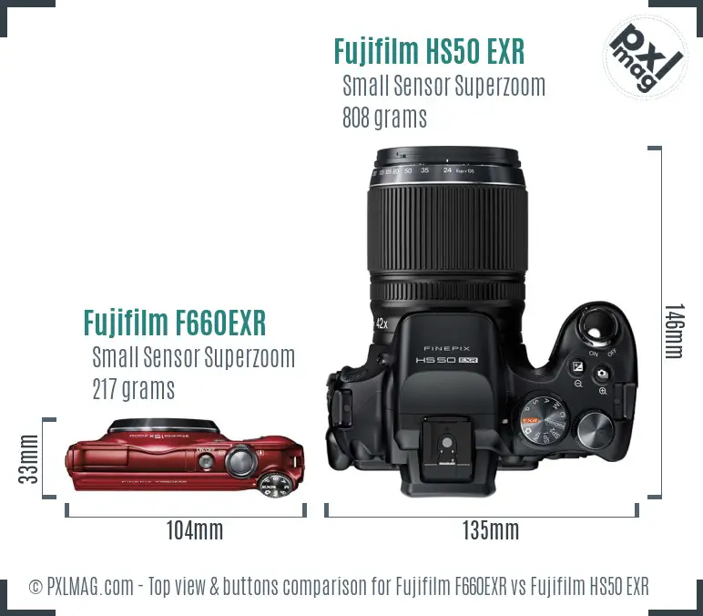 Fujifilm F660EXR vs Fujifilm HS50 EXR top view buttons comparison