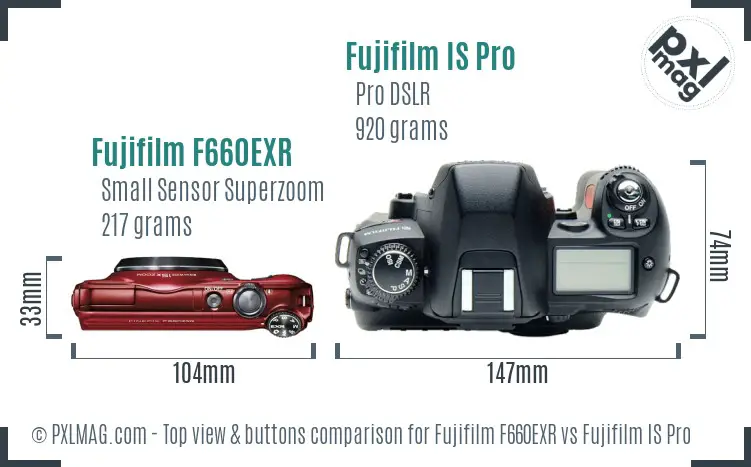 Fujifilm F660EXR vs Fujifilm IS Pro top view buttons comparison