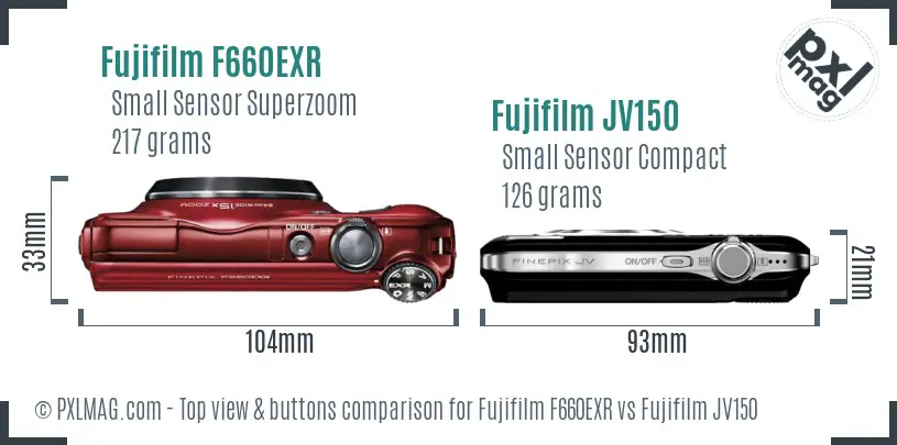 Fujifilm F660EXR vs Fujifilm JV150 top view buttons comparison