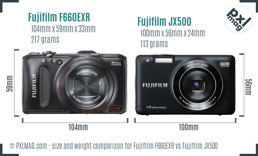 Fujifilm F660EXR vs Fujifilm JX500 size comparison