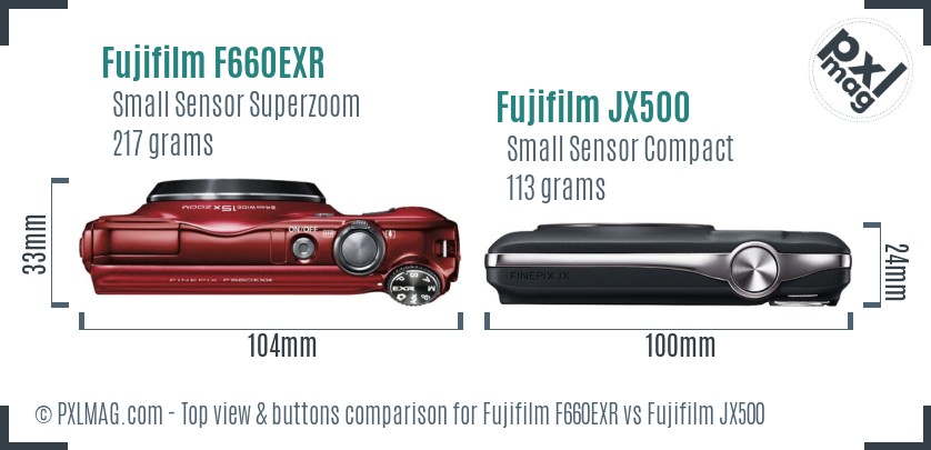 Fujifilm F660EXR vs Fujifilm JX500 top view buttons comparison