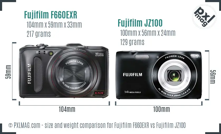 Fujifilm F660EXR vs Fujifilm JZ100 size comparison