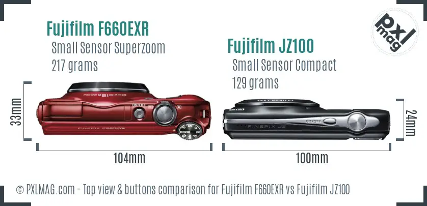 Fujifilm F660EXR vs Fujifilm JZ100 top view buttons comparison