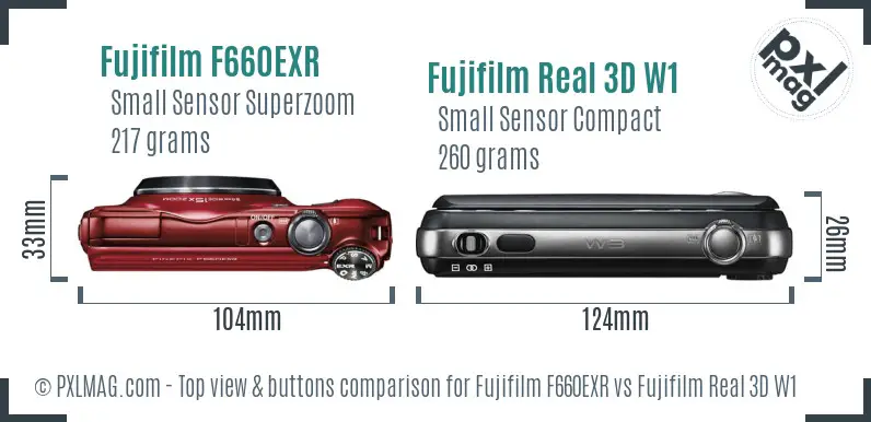 Fujifilm F660EXR vs Fujifilm Real 3D W1 top view buttons comparison Fujifilm F660EXR vs Fujifilm Real 3D W1 top view buttons comparison