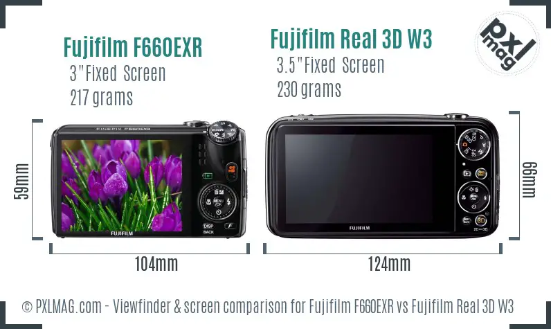 Fujifilm F660EXR vs Fujifilm Real 3D W3 Screen and Viewfinder comparison