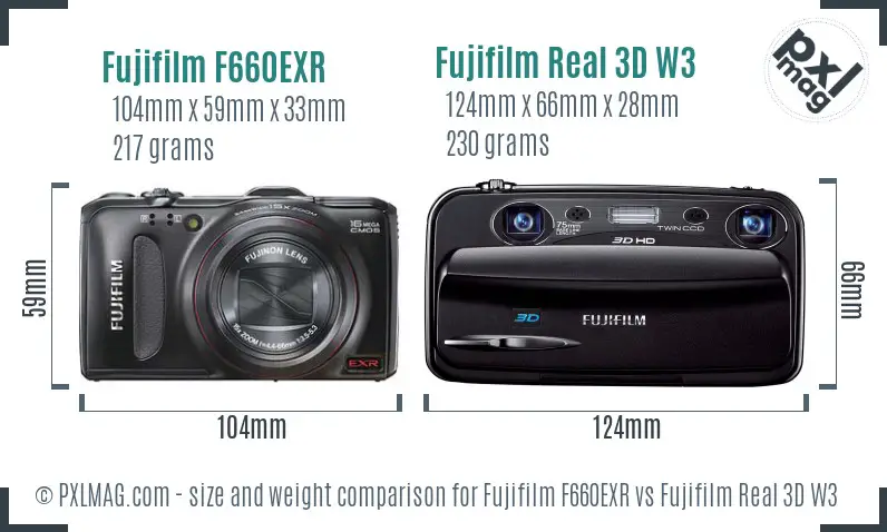 Fujifilm F660EXR vs Fujifilm Real 3D W3 size comparison