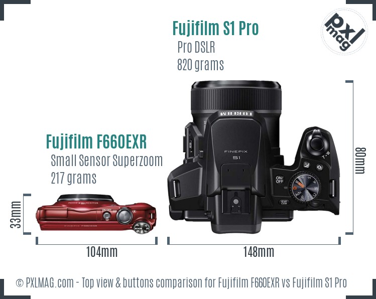 Fujifilm F660EXR vs Fujifilm S1 Pro top view buttons comparison
