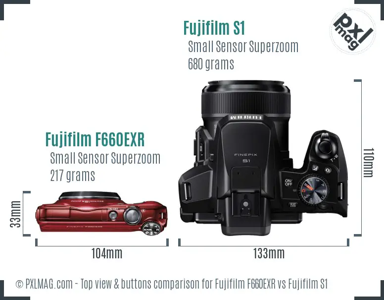 Fujifilm F660EXR vs Fujifilm S1 top view buttons comparison