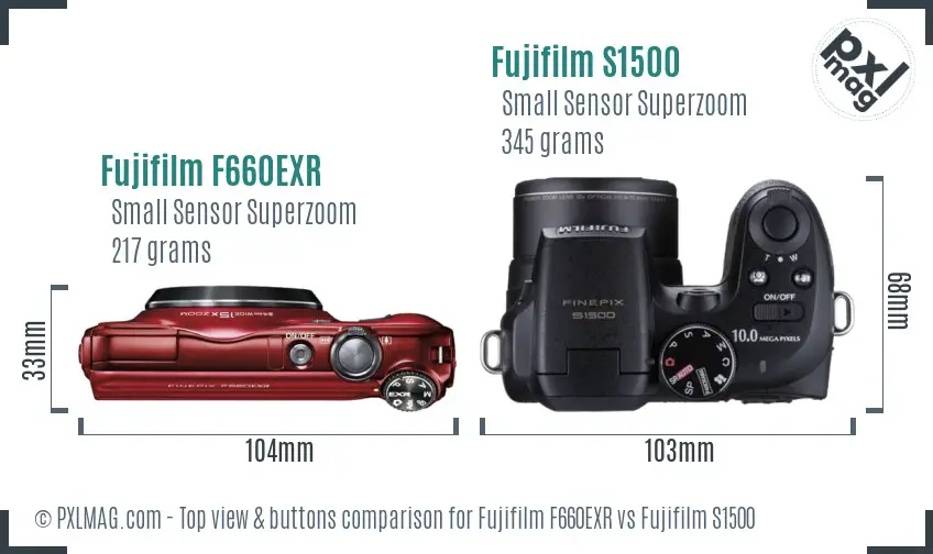 Fujifilm F660EXR vs Fujifilm S1500 top view buttons comparison