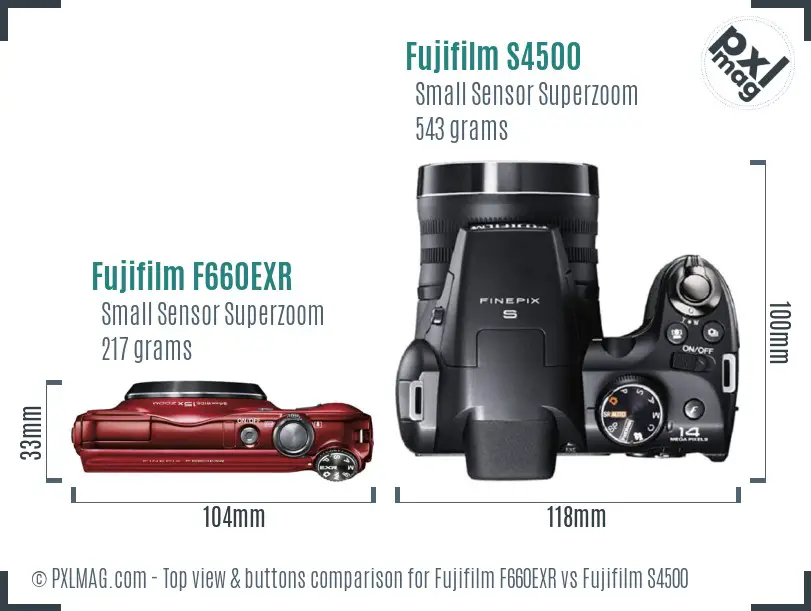 Fujifilm F660EXR vs Fujifilm S4500 top view buttons comparison