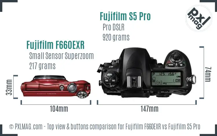 Fujifilm F660EXR vs Fujifilm S5 Pro top view buttons comparison