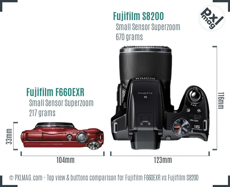 Fujifilm F660EXR vs Fujifilm S8200 top view buttons comparison