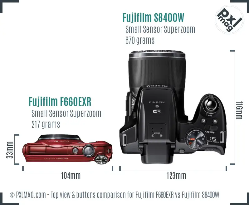 Fujifilm F660EXR vs Fujifilm S8400W top view buttons comparison