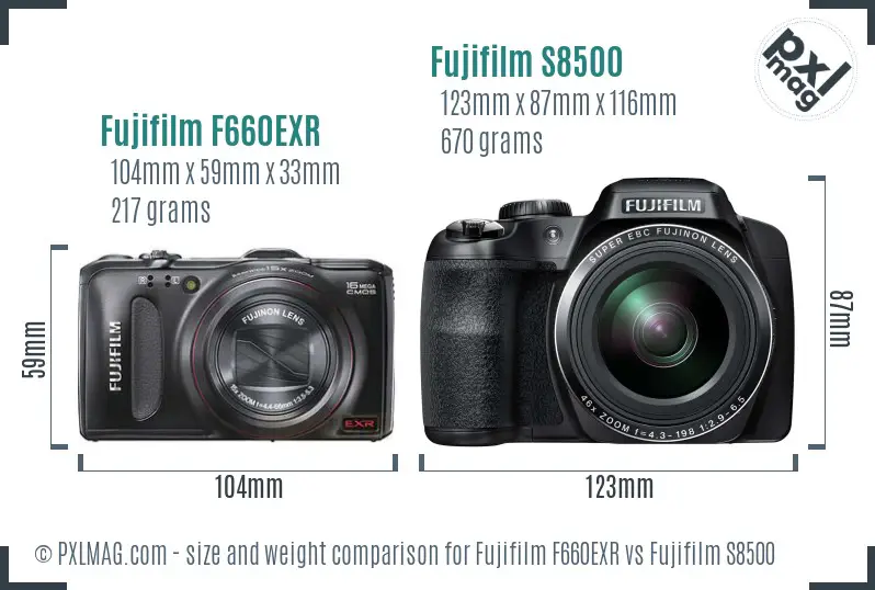 Fujifilm F660EXR vs Fujifilm S8500 size comparison