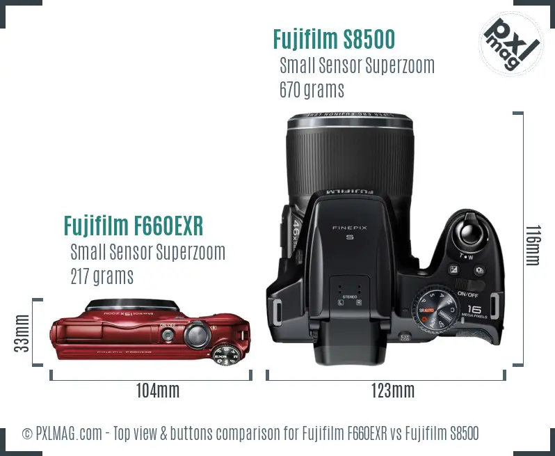 Fujifilm F660EXR vs Fujifilm S8500 top view buttons comparison