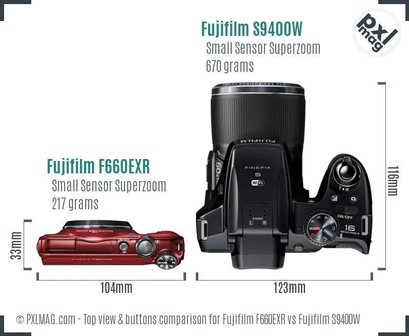 Fujifilm F660EXR vs Fujifilm S9400W top view buttons comparison