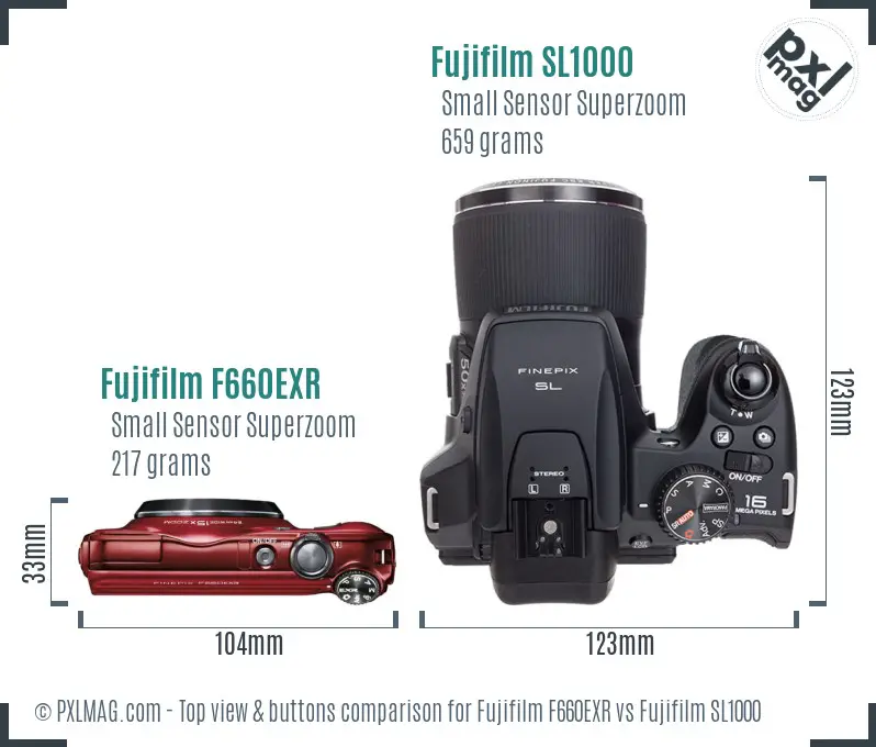 Fujifilm F660EXR vs Fujifilm SL1000 top view buttons comparison