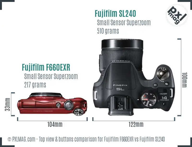 Fujifilm F660EXR vs Fujifilm SL240 top view buttons comparison