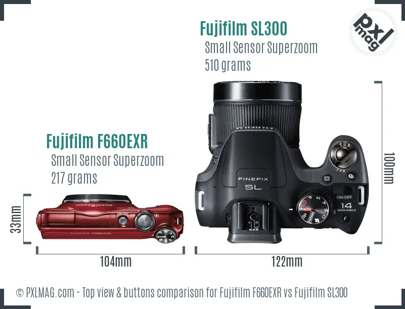 Fujifilm F660EXR vs Fujifilm SL300 top view buttons comparison