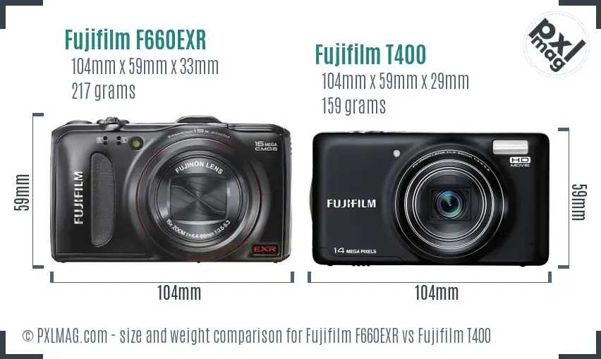 Fujifilm F660EXR vs Fujifilm T400 size comparison Fujifilm F660EXR vs Fujifilm T400 size comparison