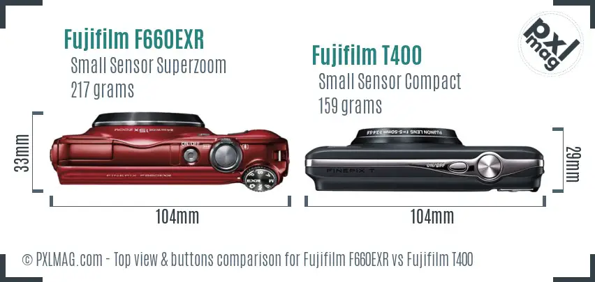 Fujifilm F660EXR vs Fujifilm T400 top view buttons comparison Fujifilm F660EXR vs Fujifilm T400 top view buttons comparison