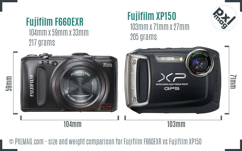 Fujifilm F660EXR vs Fujifilm XP150 size comparison